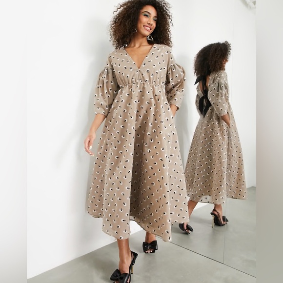 ASOS Dresses & Skirts - ASOS EDITION bow back midi dress in embroidered daisy in mushroom